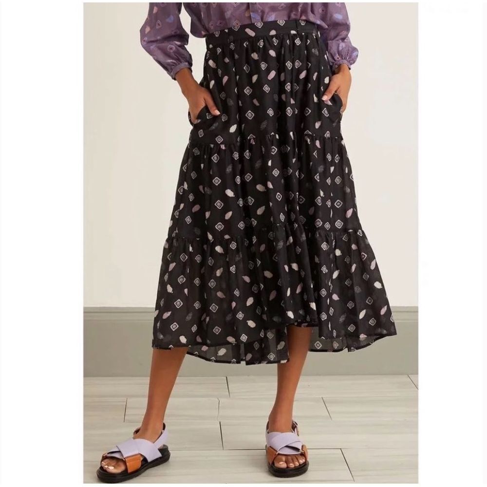NWT Xirena Iris Skirt Cotton Silk Midi Skirt Black Floral with Pocket Skirt L